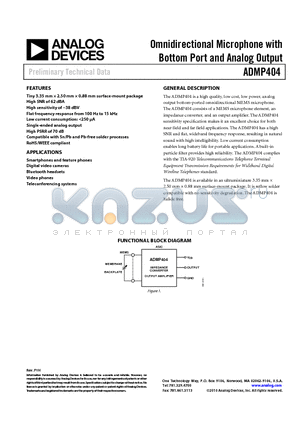 ADMP404 datasheet - Omnidirectional Microphone with Bottom Port and Analog Output