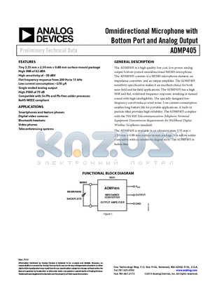 ADMP405ACEZ-RL7 datasheet - Omnidirectional Microphone with Bottom Port and Analog Output