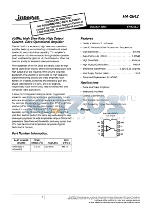 HA-2842 datasheet - 80MHz, High Slew Rate, High Output Current, Video Operational Amplifier