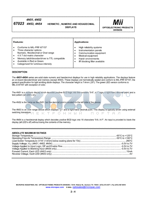 67023-001 datasheet - HERMETIC , NUMERIC AND HEXADECIMAL DISPLAYS