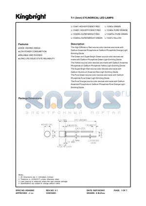 L-1334IT datasheet - T-1 (3mm) CYLINDRICAL LED LAMPS