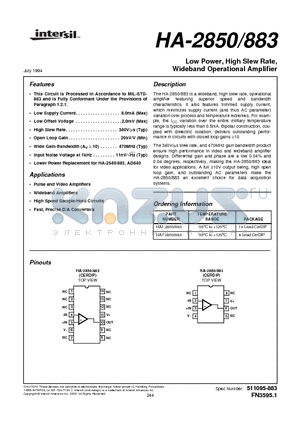 HA-2850/883 datasheet - Low Power, High Slew Rate, Wideband Operational Amplifier