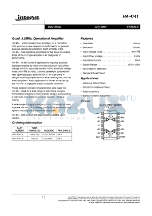 HA-4741 datasheet - Quad, 3.5MHz, Operational Amplifier