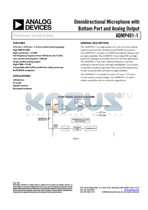 ADMP401-1 datasheet - Omnidirectional Microphone with Bottom Port and Analog Output