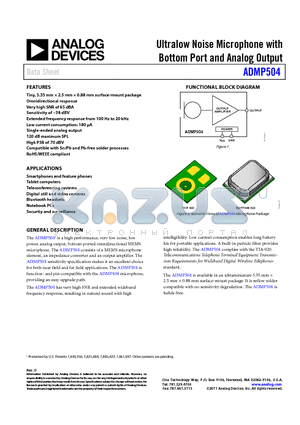 ADMP504ACEZ-RL7 datasheet - Ultralow Noise Microphone