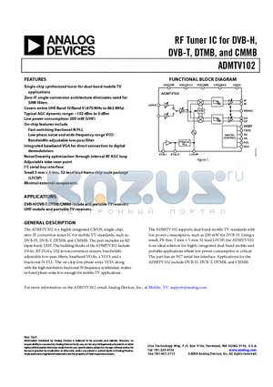 ADMTV102 datasheet - RF Tuner IC for DVB-H, DVB-T, DTMB, and CMMB