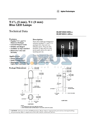 HLMP-DB25-C0002 datasheet - T-1 3/4 (5 mm), T-1 (3 mm) Blue LED Lamps