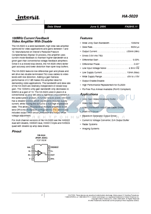 HA-5020 datasheet - 100MHz Current Feedback Video Amplifier With Disable
