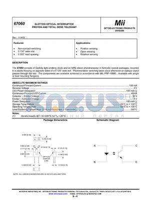 67060 datasheet - SLOTTED OPTICAL INTERRUPTER PROTON AND TOTAL DOSE TOLERANT