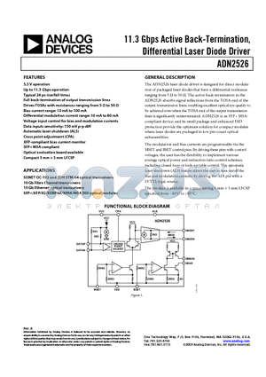 ADN2526 datasheet - 11.3 Gbps Active Back-Termination, Differential Laser Diode Driver
