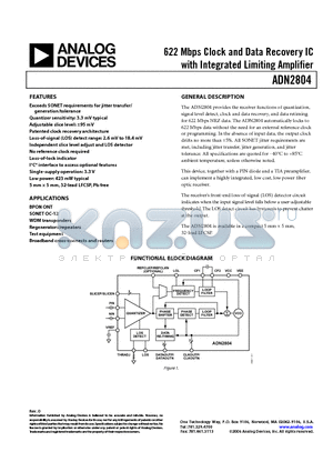 ADN2804 datasheet - 622 Mbps Clock and Data Recovery IC with Integrated Limiting Amplifier