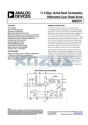 ADN2531 datasheet - 11.3 Gbps, Active Back-Termination, Differential Laser Diode Driver