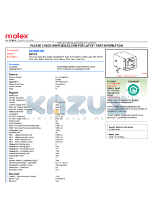 67068-8100 datasheet - Universal Serial Bus (USB), Shielded I/O, Type B Receptacle, Right Angle with KinkedPins, Color Black, Gold (Au) Flash Plating, Tube Pack, Lead Free