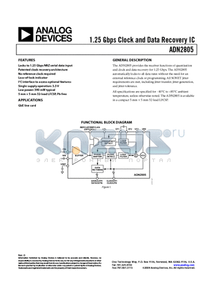 ADN2805ACPZ-500RL7 datasheet - 1.25 Gbps Clock and Data Recovery IC