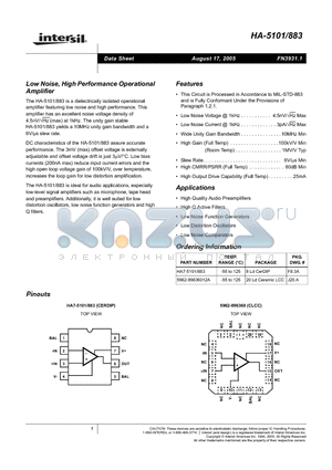 HA-5101/883 datasheet - Low Noise, High Performance Operational Amplifier
