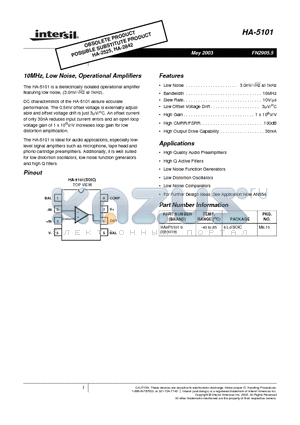 HA-5101_03 datasheet - 10MHz, Low Noise, Operational Amplifiers