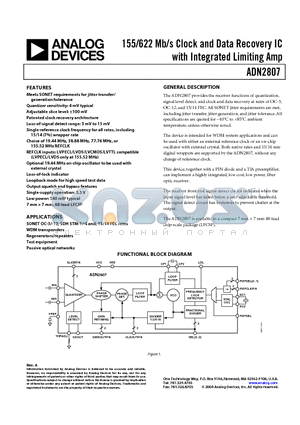 ADN2807ACP-RL datasheet - 155/622 Mb/s Clock and Data Recovery IC with Integrated Limiting Amp