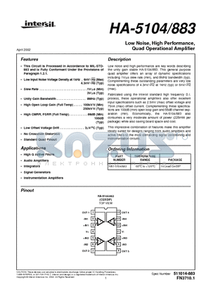 HA-5104883 datasheet - Low Noise, High Performance, Quad Operational Amplifier