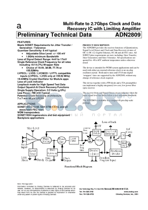 ADN2809 datasheet - Multi-Rate to 2.7Gbps Clock and Data Recovery IC with Limiting Amplifier