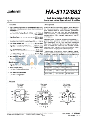 HA-5112 datasheet - Dual, Low Noise, High Performance Uncompensated Operational Amplifier