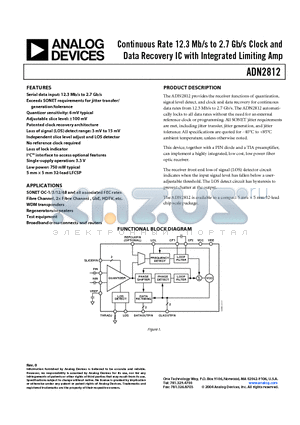 ADN2812 datasheet - Continuous Rate 12.3 Mb/s to 2.7 Gb/s Clock and Data Recovery IC with Integrated Limiting Amp