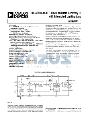 ADN2811 datasheet - OC-48/OC-48 FEC Clock and Data Recovery IC with Integrated Limiting Amp