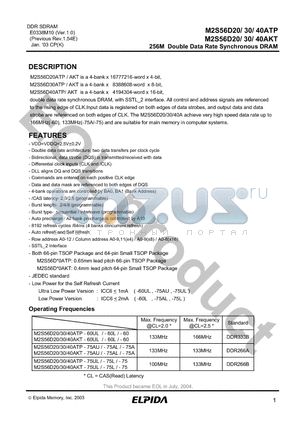 M2S56D30AKT datasheet - 256M Double Data Rate Synchronous DRAM