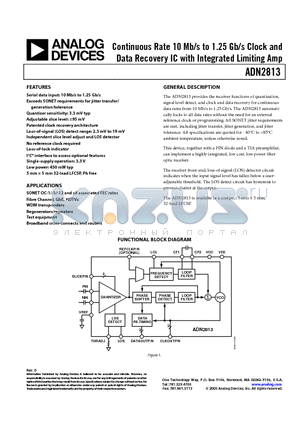 ADN2813ACPZ-RL7 datasheet - Continuous Rate 10 Mb/s to 1.25 Gb/s Clock and Data Recovery IC with Integrated Limiting Amp