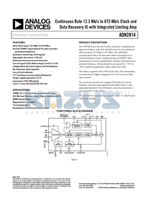 ADN2814 datasheet - Continuous Rate 12.3 Mb/s to 675 Mb/s Clock and Data Recovery IC with Integrated Limiting Amp