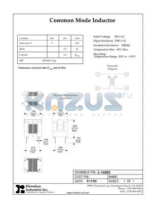 L-14255 datasheet - Common Mode Inductor