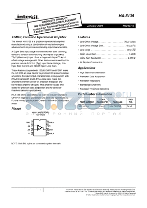 HA-5135 datasheet - 2.5MHz, Precision Operational Amplifier