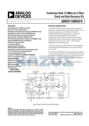 ADN2817 datasheet - Continuous Rate 12.3Mb/s to 2.7Gb/s Clock and Data Recovery ICs