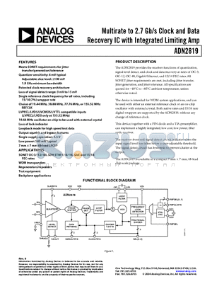 ADN2819 datasheet - Multirate to 2.7 Gb/s Clock and Data Recovery IC with Integrated Limiting Amp