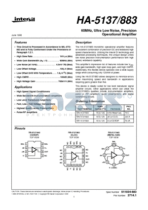 HA-5137/883 datasheet - 60MHz, Ultra Low Noise, Precision Operational Amplifier