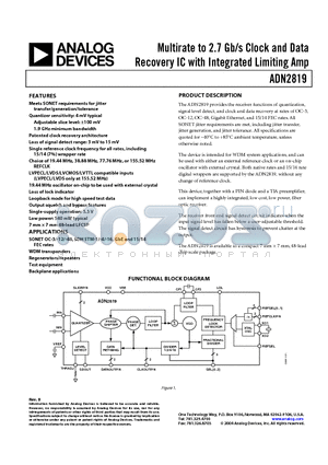 ADN2819ACPZ-CML-RL1 datasheet - Multirate to 2.7 Gb/s Clock and Data Recovery IC with Integrated Limiting Amp