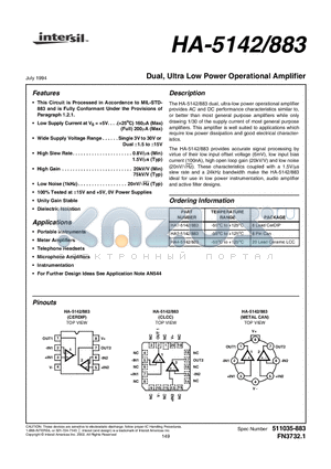 HA-5142883 datasheet - Dual, Ultra Low Power Operational Amplifier