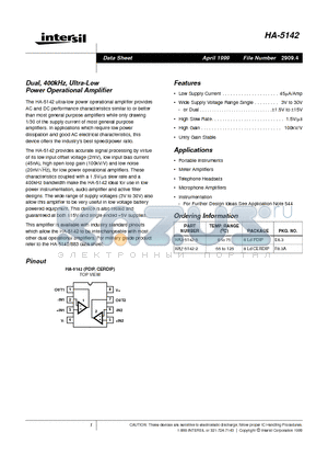 HA-5142 datasheet - Dual, 400kHz, Ultra-Low Power Operational Amplifier