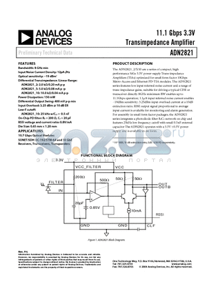 ADN2821 datasheet - 11.1 Gbps 3.3V Transimpedance Amplifier