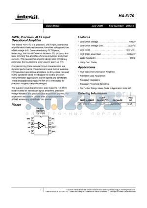 HA-5170 datasheet - 8MHz, Precision, JFET Input Operational Amplifier