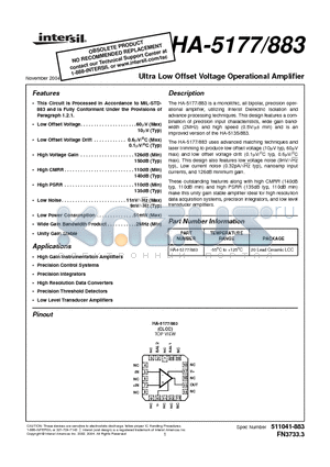 HA-5177/883 datasheet - Ultra Low Offset Voltage Operational Amplifier