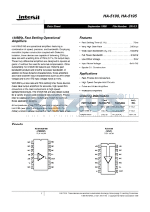 HA-5190 datasheet - 150MHz, Fast Settling Operational Amplifiers