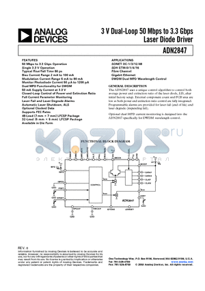 ADN2847 datasheet - 3 V Dual-Loop 50 Mbps to 3.3 Gbps Laser Diode Driver