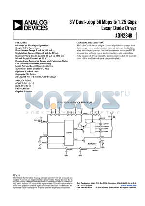 ADN2848ACP-32-RL datasheet - 3 V Dual-Loop 50 Mbps to 1.25 Gbps Laser Diode Driver