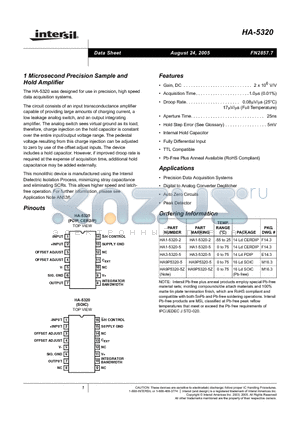 HA-5320 datasheet - 1 Microsecond Precision Sample and Hold Amplifier