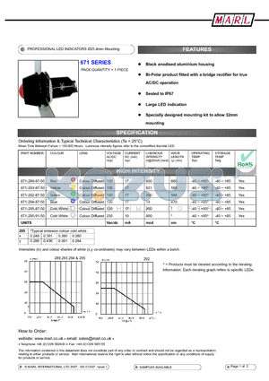 671-295-91-50 datasheet - PROFESSIONAL LED INDICATORS 25.4mm Mounting