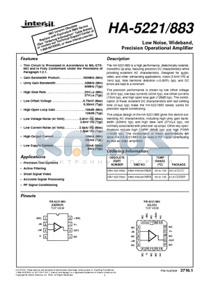 HA-5221/883 datasheet - Low Noise, Wideband, Precision Operational Amplifier