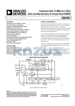 ADN2865ACP-RL datasheet - Continuous Rate 12.3Mb/s to 2.7Gb/s Clock and Data Recovery IC w/Loop Timed SERDES