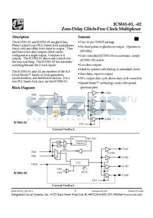 ICS581-01 datasheet - Zero-Delay Glitch-Free Clock Multiplexer