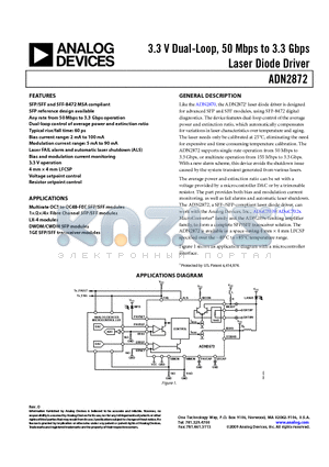 ADN2872 datasheet - 3.3 V Dual-Loop, 50 Mbps to 3.3 Gbps Laser Diode Driver