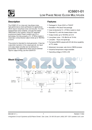 ICS601G-01 datasheet - LOW PHASE NOISE CLOCK MULTIPLIER